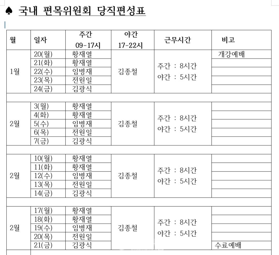 제109회기 국내 편목과정 당직 편성표
